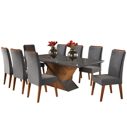 Mesa de Jantar Retangular Pipa com 8 Cadeiras Madeira Maciça Vegas Mel/Cinza/Grafite