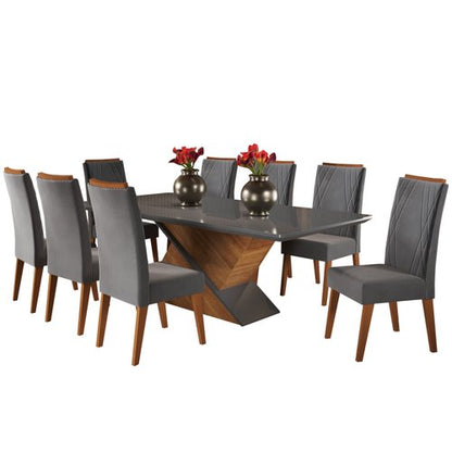 Mesa de Jantar Retangular Pipa com 8 Cadeiras Madeira Maciça Vegas Mel/Cinza/Grafite