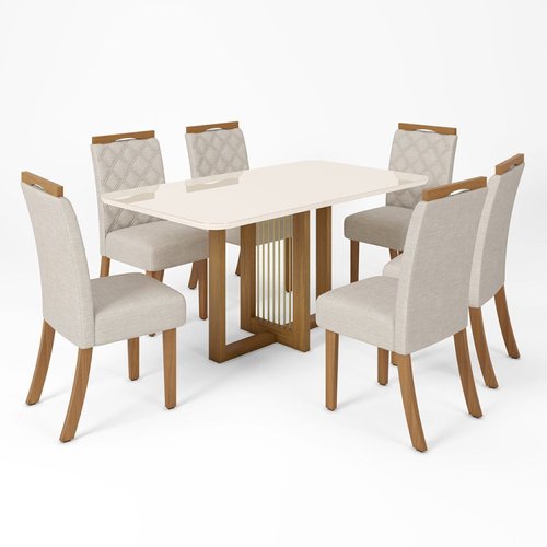 Conjunto Sala de Jantar Tampo MDF/vidro 6 Cadeiras Marie Espresso Móveis Nature/Off White/Linho