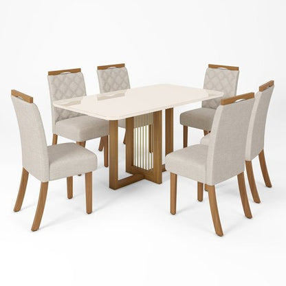 Conjunto Sala de Jantar Tampo MDF/vidro 6 Cadeiras Marie Espresso Móveis Nature/Off White/Linho