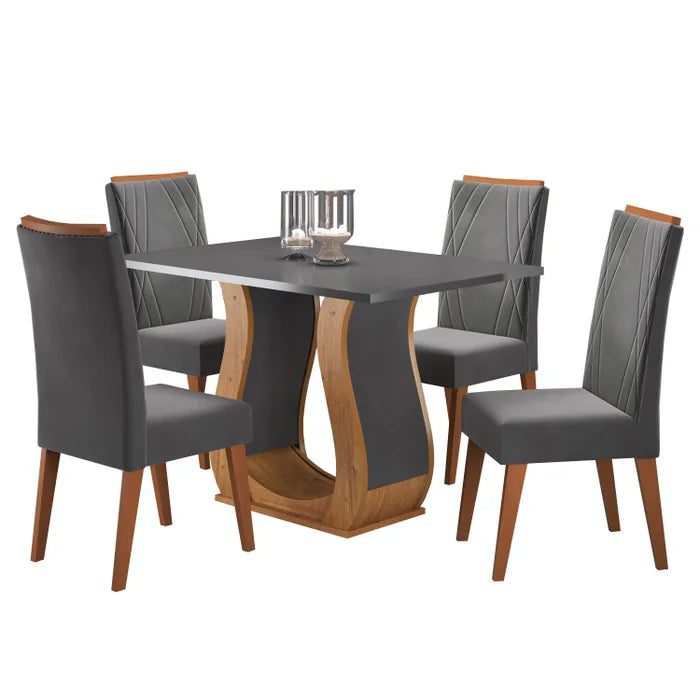 Mesa de Jantar Retangular Nubia com 4 Cadeiras Madeira Maciça Vegas Mel/Cinza/Grafite